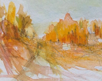 Watercolor/Mixed Media "Blues in Orange" - Original landscape / sketch / drawing in a passepartout