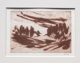 Etching "Harbingers", original, hand-printed drypoint with carborundum, printmaking