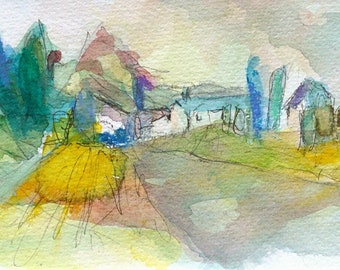 Landurlaub - Original Aquarell / Mixed Media / Landschaft / Skizze im Passepartout