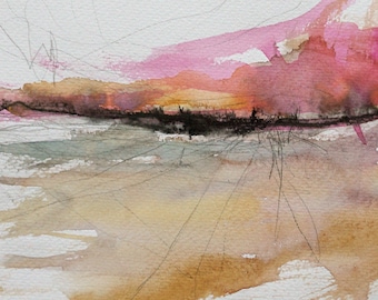 Watercolor "Purple Horizon" - Original Landscape / Sketch / Mixed Media in Passepartout