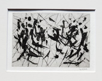 Etching "Dance of the Elements", original, hand-printed drypoint etching using carborundum technique in a passe-partout, printmaking