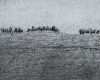 Etching "Wide Field", original, hand-printed drypoint etching in a passe-partout, printmaking