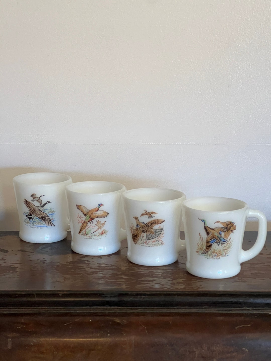 Vintage Fire King Milk Glass Bird Coffee Mugs Set of 4 Retro Etsy