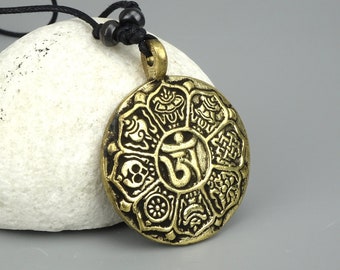 Pendentif tibétain Ashtamangala Om, symboles de bon augure bouddhistes et pendentif Sipaho, pendentif bouddhiste Ashtamangala/Sipaho double face