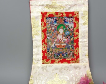 Printed White Tara Thangka, White Tara Thangka with silk brocade 29 cm x 18 cm, White Tara Sheet with silk brocade, made in Nepal