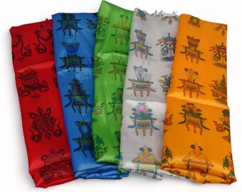 Tibetan Khata with Auspicious Symbols – Buddhist Ceremonial Scarf