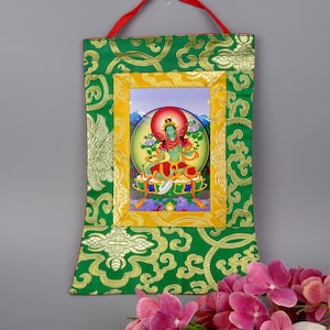 Printed Green Tara Thangka, Green Tara Thangka with Silk Brocade 29 cm x 18 cm, Green Tara Print with Silk Brocade, Made in Nepal