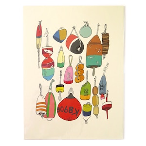 May include: A colourful illustration of various buoy shapes and sizes, with numbers and letters on them. The buoys are in shades of red, orange, yellow, green, blue, and brown, and are hanging from strings.