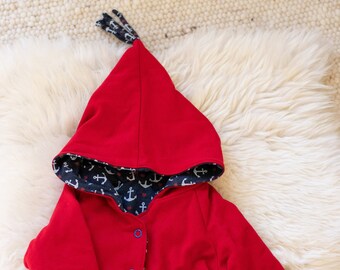 maritime Babyjacke mit Kapuze | Größe 68 | mit Ankern | Wendejacke | rot blau weiß