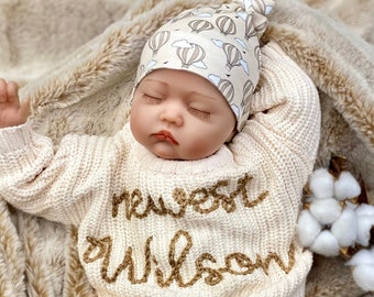 Gender Neutral Coming Home Outfit, Going Home Outfit Neutral Newborn, Embroidered Personalized Sweater, Bloomer Knit Shorts Boho Hat Bow