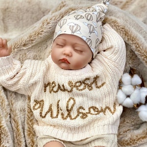 Gender Neutral Coming Home Outfit, Going Home Outfit Neutral Newborn, Embroidered Personalized Sweater, Bloomer Knit Shorts Boho Hat Bow image 1