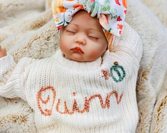 Newborn Girl Coming Home Outfit, Going Home Outfit Baby Girl, Embroidered Personalized Name Sweater Knit, Pumpkin Floral Bow Hat Pants