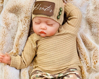 Newborn Boy Coming Home Outfit, Going Home Outfit Baby Boy, Personalized Name Tan Waffle Knit, Distressed Camo Pants Hat