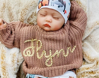 Newborn Boy Coming Home Outfit, Going Home Outfit Baby Boy, Embroidered Personalized Name Sweater Knit, Woodland Pants Hat