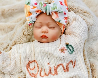 Newborn Girl Coming Home Outfit, Going Home Outfit Baby Girl, Embroidered Personalized Name Sweater, Knit Bloomer Shorts Pumpkin Floral Bow