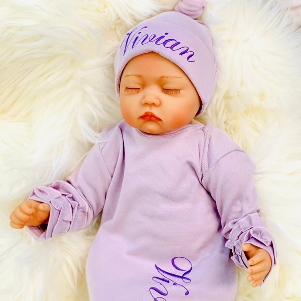 Baby Girl Coming Home Outfit, Embroidered Personalized Newborn Going Home Set Lavender Gown Hat, Girl Hospital Clothes