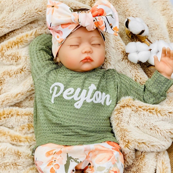 Newborn Girl Coming Home Outfit, Going Home Outfit Baby Girl, Embroidered Personalized Name Waffle Knit Pullover Floral Pants Bow