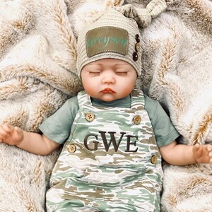 Newborn Boy Coming Home Outfit, Embroidered Personalized Name Newborn Boy Going Home Clothes, Monogrammed Camo Romper Hat