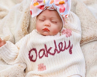 Newborn Girl Coming Home Outfit, Going Home Outfit Baby Girl, Embroidered Personalized Name Sweater, Knit Bloomer Shorts Floral Bow Booties