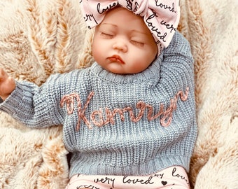 Newborn Girl Coming Home Outfit, Going Home Outfit Baby Girl, Embroidered Personalized Name Sweater Knit, Loved Bummy Shorts Bow Hat