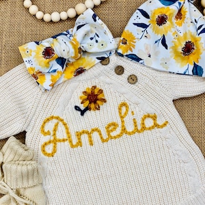 Personalized Newborn Baby Girl Outfit: Embroidered Name Sweater Knit Romper & Booties, Sunflower Set