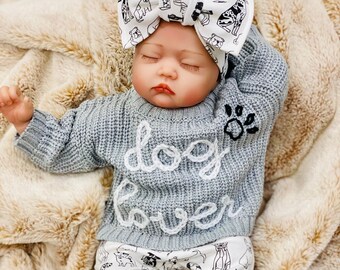 Gender Neutral Baby Coming Home Outfit, Going Home Outfit Neutral Newborn, Embroidered Sweater Knit Dog Lover, Puppy Dog Pants Hat Bow