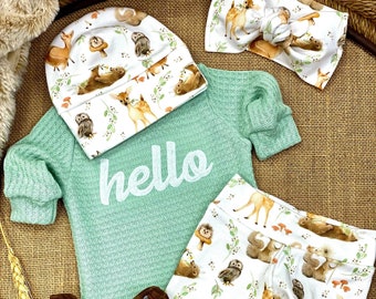 Gender Neutral Baby Coming Home Outfit, Going Home Outfit Neutral Newborn, Embroidered Waffle Knit Forest Pants Hat Bow