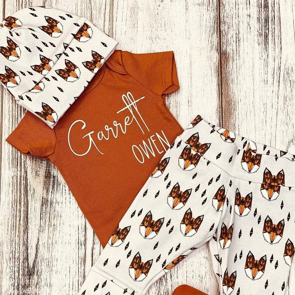 Newborn Boy Coming Home Outfit, Going Home Outfit Baby Boy, Personalized Bodysuit, Boho Fox Pants Hat