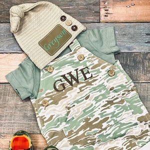 Newborn Boy Coming Home Outfit, Embroidered Personalized Name Newborn Boy Going Home Clothes, Monogrammed Camo Romper Hat