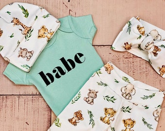 Gender Neutral Baby Coming Home Outfit, Going Home Outfit Neutral Newborn, Safari Animals Pants Bodysuit Hat Bow