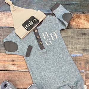 Baby Boy Coming Home Outfit Monogrammed, Embroidered Personalized Name Newborn Boy Going Home Clothes, Henley Romper Hat Gift