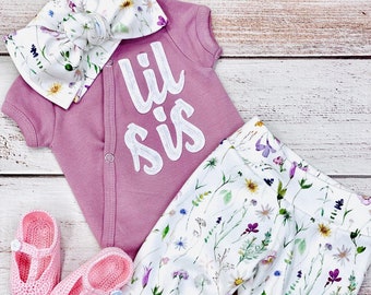 Newborn Girl Coming Home Outfit, Going Home Outfit Baby Girl, Embroidered Little Sister Bodysuit, Floral Pants Bow