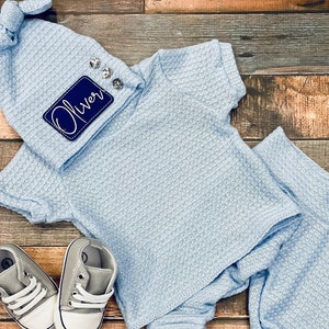 Newborn Boy Coming Home Outfit, Going Home Outfit Baby Boy, Personalized Name Boho Light Blue Waffle Knit Pants Hat