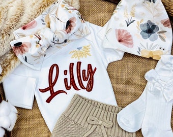 Newborn Girl Coming Home Outfit, Going Home Outfit Baby Girl, Embroidered Personalized Name Bodysuit, Boho Floral Bow Hat Bummies Shorts