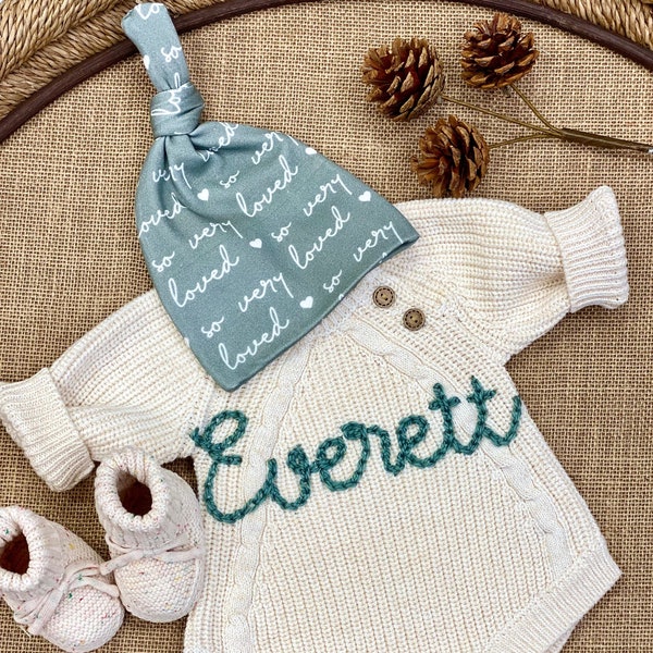 Newborn Boy Coming Home Outfit, Going Home Outfit Baby Boy, Embroidered Personalized Name Sweater Knit Bodysuit, Bubble Romper Hat Booties