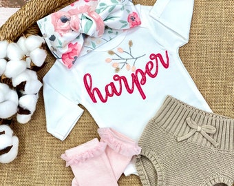 Newborn Girl Coming Home Outfit, Going Home Outfit Baby Girl, Embroidered Personalized Name Bodysuit, Floral Bow Bummies Shorts Socks