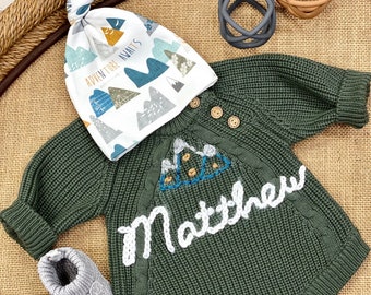 Newborn Boy Coming Home Outfit, Going Home Outfit Baby Boy, Embroidered Personalized Name Sweater Knit Bodysuit, Bubble Romper Hat Booties
