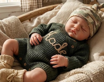 Personalized Newborn Baby Boy Outfit: Embroidered Name Sweater Knit Romper & Booties, Camo Set
