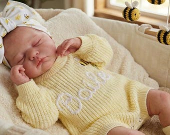 Personalized Newborn Baby Girl Outfit: Embroidered Name Sweater Knit Romper & Booties, Bumble Bee Set