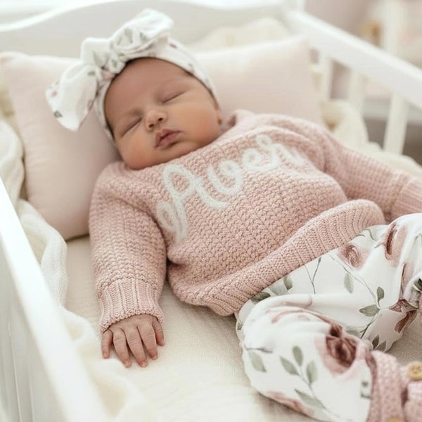 Personalized Newborn Baby Girl Outfit: Embroidered Name Sweater, Knit Booties, Rose Floral Set