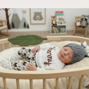 Personalized Newborn Baby Boy Outfit: Embroidered Name Sweater Knit, Booties, Fox Set