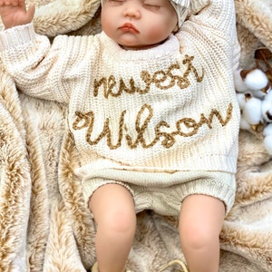 Gender Neutral Coming Home Outfit, Going Home Outfit Neutral Newborn, Embroidered Personalized Sweater, Bloomer Knit Shorts Boho Hat Bow image 2