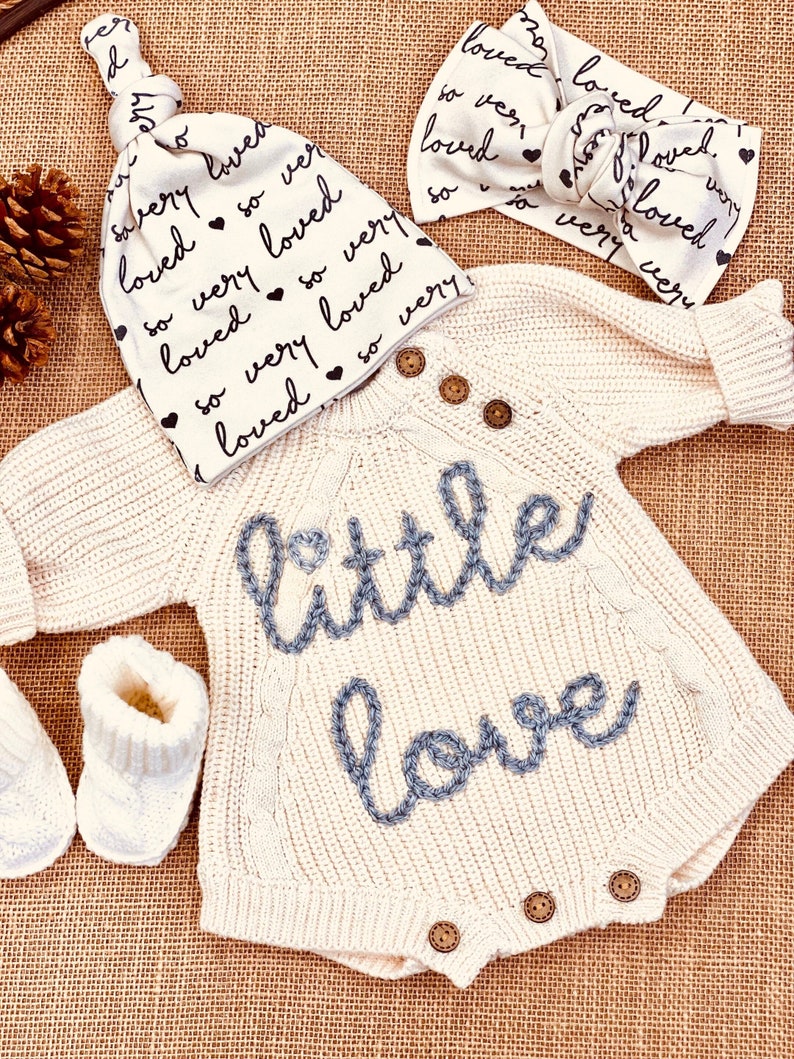 Gender Neutral Baby Coming Home Outfit, Going Home Outfit Neutral Newborn, Embroidered Sweater Knit Bodysuit, Bubble Romper Hat Bow Booties Set W/Beanie/Head