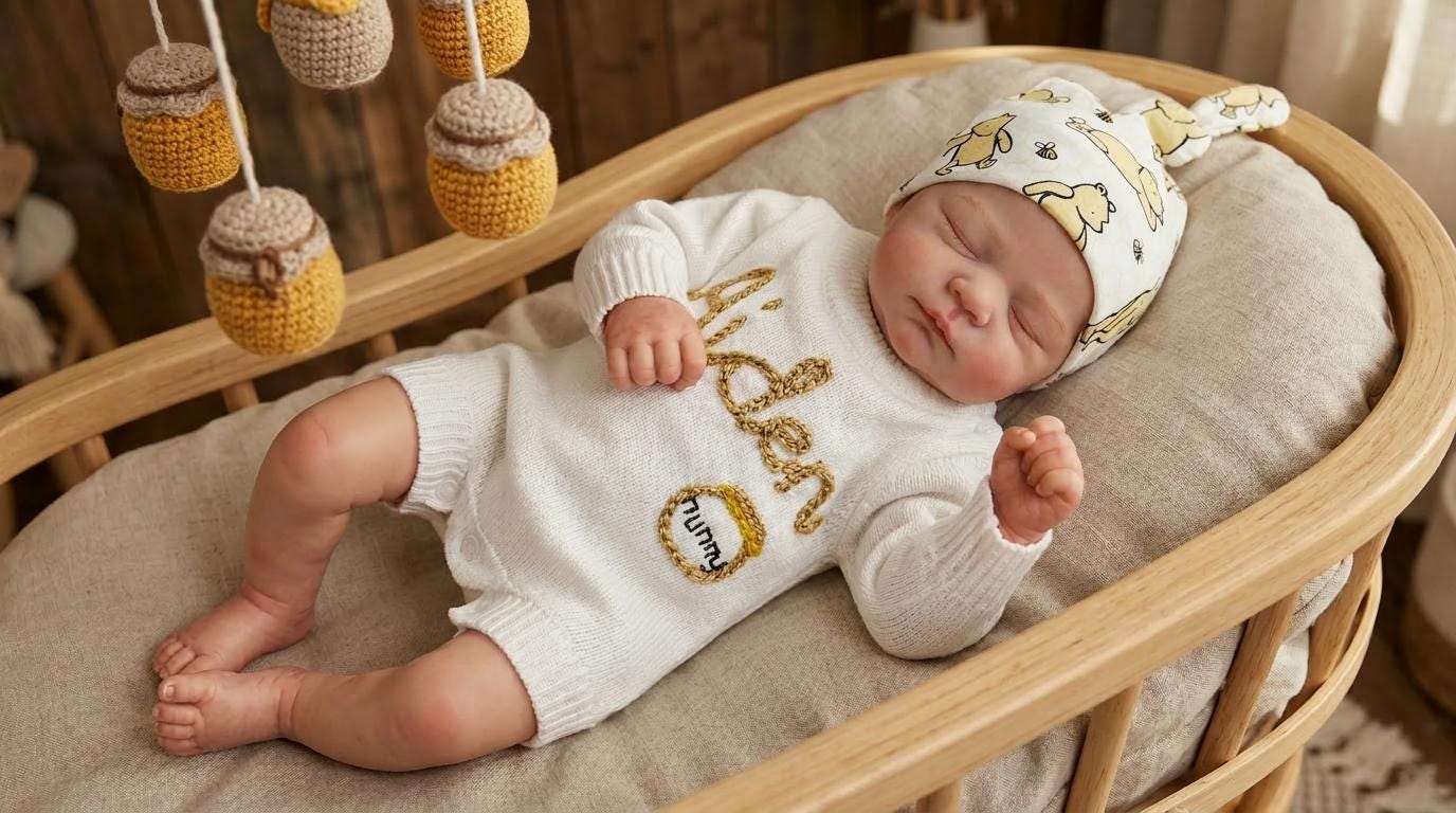 Personalized Winnie The Pooh Baby Boy Sweater Romper Set: Embroidered Name, Knit Booties, Beanie