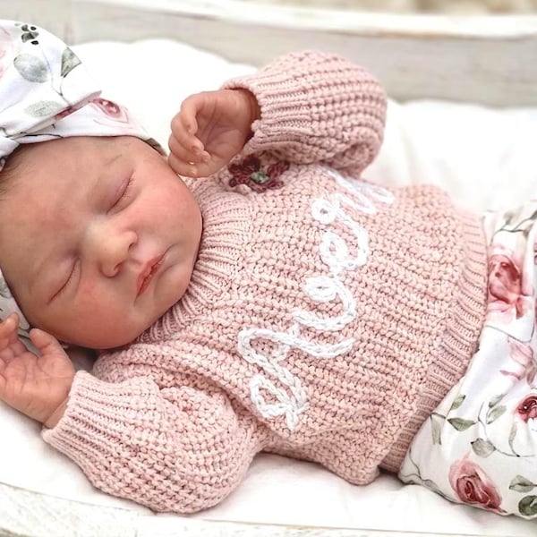 Personalized Newborn Baby Girl Outfit: Embroidered Name Sweater, Knit Booties, Rose Floral Set