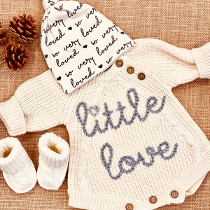 Gender Neutral Baby Coming Home Outfit, Going Home Outfit Neutral Newborn, Embroidered Sweater Knit Bodysuit, Bubble Romper Hat Bow Booties Set With Beanie