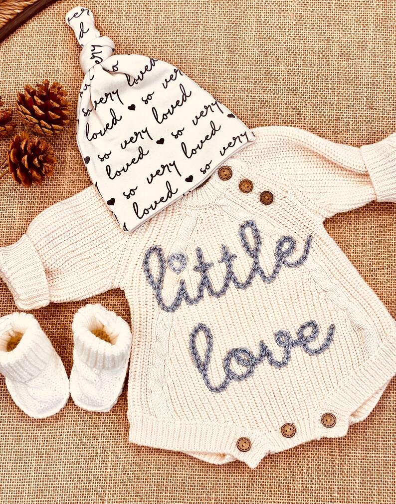 Gender Neutral Baby Coming Home Outfit, Going Home Outfit Neutral Newborn, Embroidered Sweater Knit Bodysuit, Bubble Romper Hat Bow Booties Set With Beanie