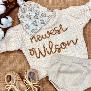 Gender Neutral Coming Home Outfit, Going Home Outfit Neutral Newborn, Embroidered Personalized Sweater, Bloomer Knit Shorts Boho Hat Bow Set With Beanie
