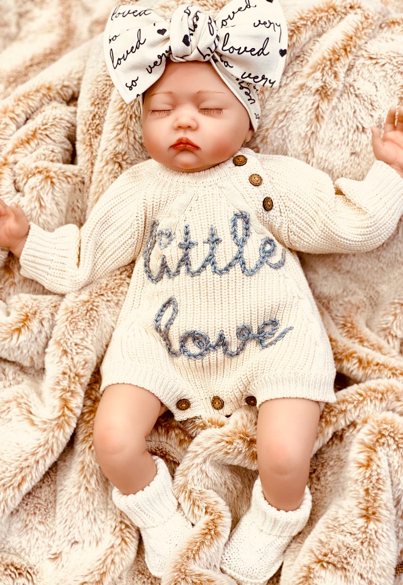 Gender Neutral Baby Coming Home Outfit, Going Home Outfit Neutral Newborn, Embroidered Sweater Knit Bodysuit, Bubble Romper Hat Bow Booties image 3