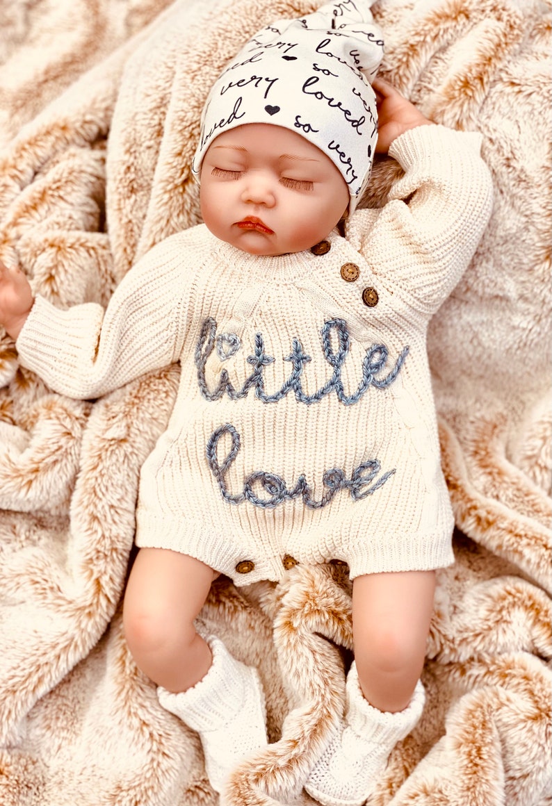 Gender Neutral Baby Coming Home Outfit, Going Home Outfit Neutral Newborn, Embroidered Sweater Knit Bodysuit, Bubble Romper Hat Bow Booties image 2